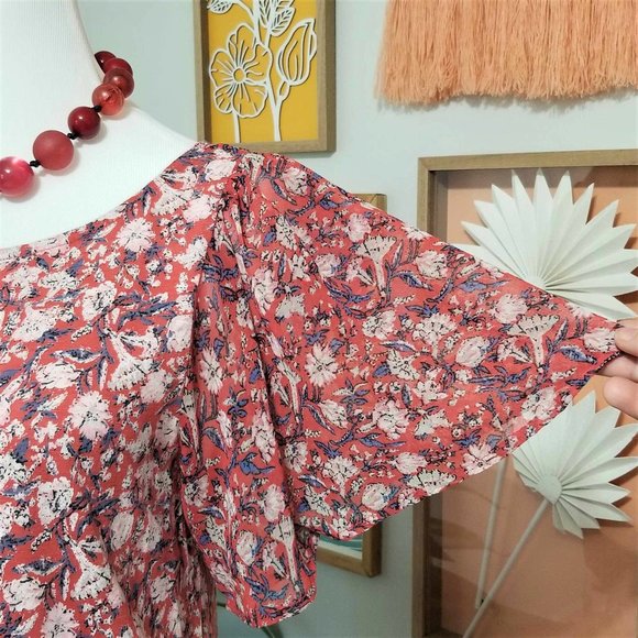 Top, Blouse. Terracotta, Ivory, Blue Floral Print. Lucky Brand. Size S/P. NWT - Picture 3 of 11